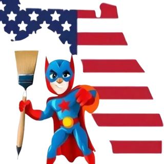 A cartoon character holding a paintbrush in front of an american flag